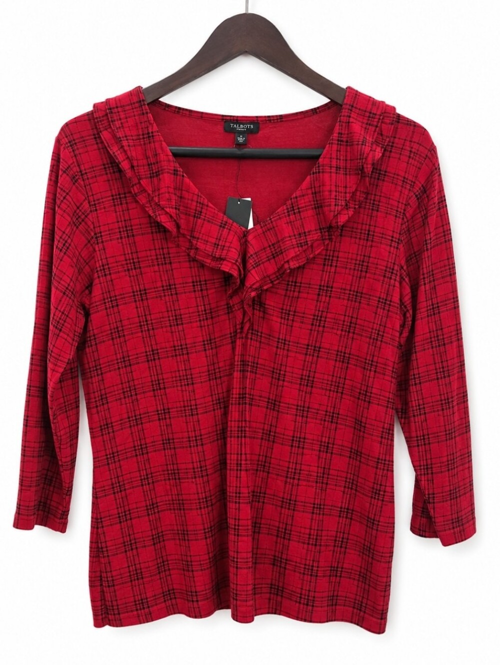 NWT Talbots Woman Red Plaid Double Ruffle Neck Pullover Top Sz X (1X)